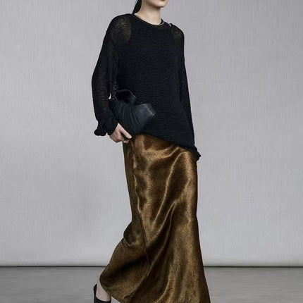 100% Gold-plated Satin Skirt Women's Tortoise Crack Rose Flower Dark Bottom Xiangyun Gauze Triacetate Hip Fishtail Skirt