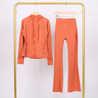Warm red hooded jacket and bell-bottom pants suit / 2/S