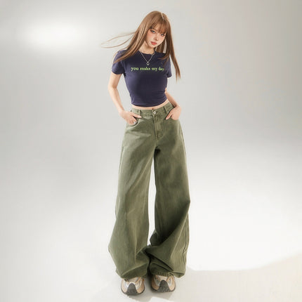 Army Green High Waist Wide Leg Jeans Women's Spring and Summer 2025 New Straight Tube Loose Slimming Casual Pants