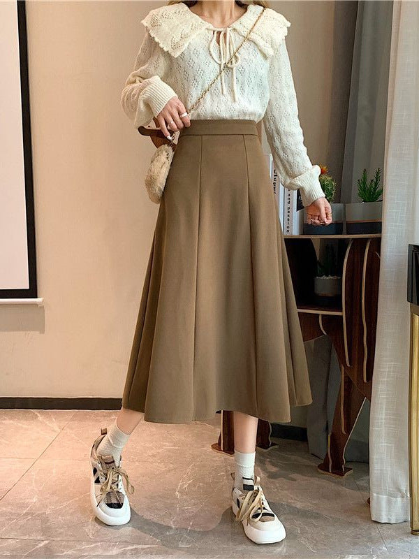 French Twill Brushed Skirt Women's High-Waisted A-Line Mid-Length Skirt Umbrella Skirt Spring Autumn Winter Petite Skirt