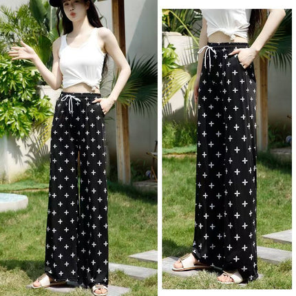 Cross-Border Popular Summer Women's Ice Silk Pants for Middle-Aged and Elderly, Loose Casual Home Pants, Elastic Plus-Size Pants for Square Dancing