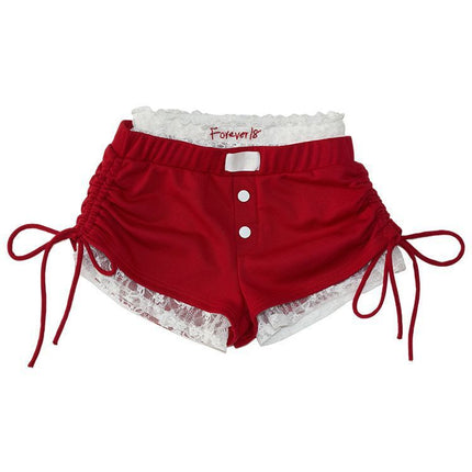 Factory Drawstring Pleated Lantern Red Shorts Women's Summer 2024 New Casual High Lace Leggings