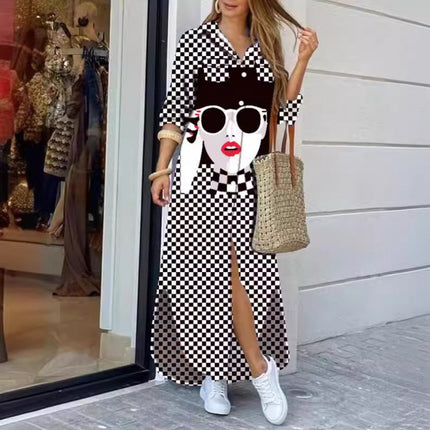 Amazon AliExpress Cross-border Women's New Fashion Long Sleeve Printed Shirt Dress Long dress