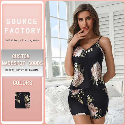 Silk Pajamas Women's European and American Black Flower Sling Shorts Two-piece Pajamas Printed Sexy Fashion Home Clothes suit
