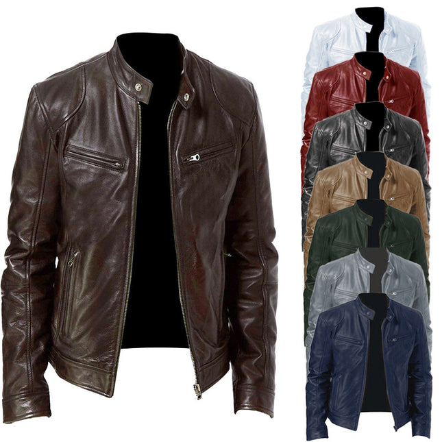 Foreign Trade Business Gentleman Warm Zipper Cardigan Pocket Decorative PU Leather Jacket Stand Collar Slim Fit Zipper Leather Jacket