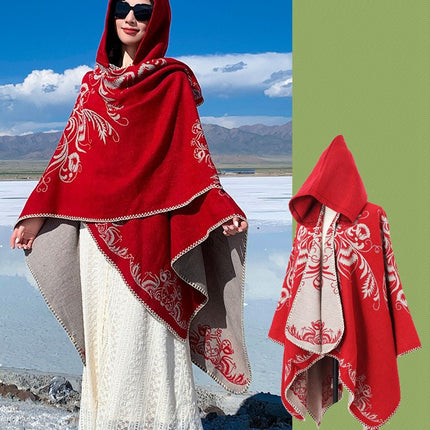 Xinjiang, Xizang, Inner Mongolia Travel Wear Red Shawl Large Cloak Scarf Ethnic Style Outer Warm Cloak for Women