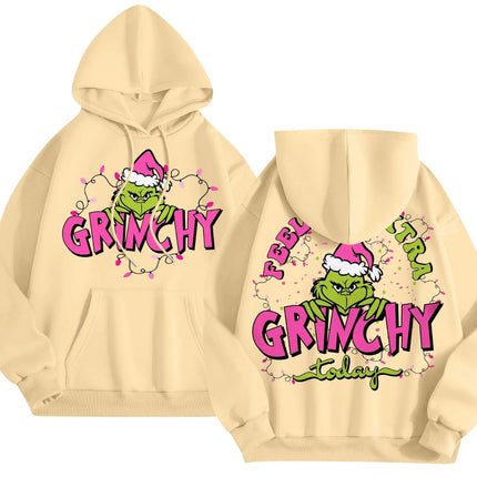 2024 Cross-border Autumn Simple pink Letter Font Printing Men's and Women's Hooded Christmas Green Hair Monster