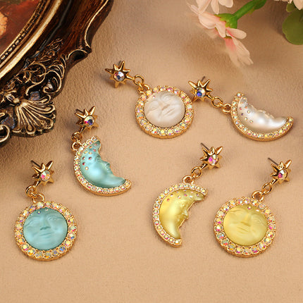 New Cross-Border Bohemian Sun and Moon Earrings Moonstone Asymmetric Earrings Diamond Gemstone Star Earrings