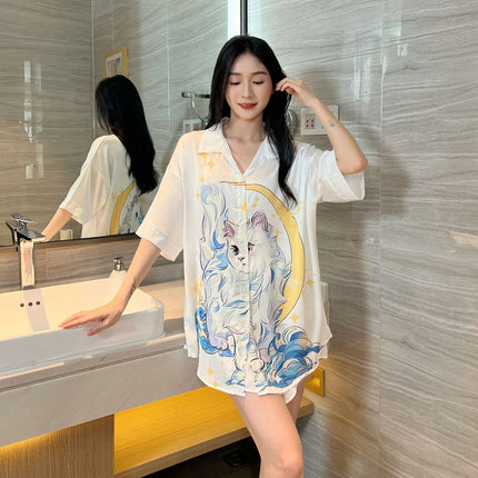 Summer New Style Fashionable Pure Lust Sexy Ice Silk Shirt Pajamas Loose High-End Home Wear Suit for Women