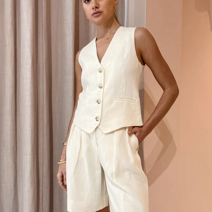 Beige Vest Vest Shorts Two-Piece Set for Women 2025 Summer New Export Commuter Fashion Cotton and Linen Suit Wholesale