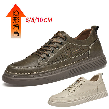 Summer Hollow Invisible Height-increasing 8CM Board Shoes Cowhide Surface Breathable Youth Shoes Lace-up Platform Outdoor Sports Men's Shoes