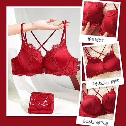 Red Small Breast Push-Up Bra for Women Wedding Bride 2025 New Animal Year Lace Pure Lust Bra Set