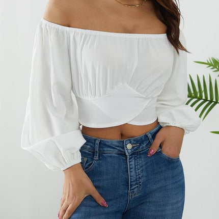 Women's Plain Cut Out Tie Back Off Shoulder Bishop Sleeve