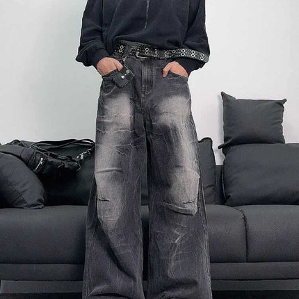 American Style Retro Niche Lightning Pattern Wide-legged Jeans Men's Loose Washed Pleated Straight Casual High Street Long Pants