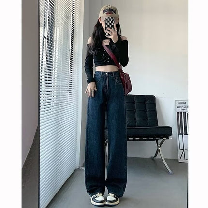 khaki Straight Leg Jeans Women's Trendy All-match New Arrival Loose High Waist Slimming Narrow Version Dosing Wide Leg Long Pants
