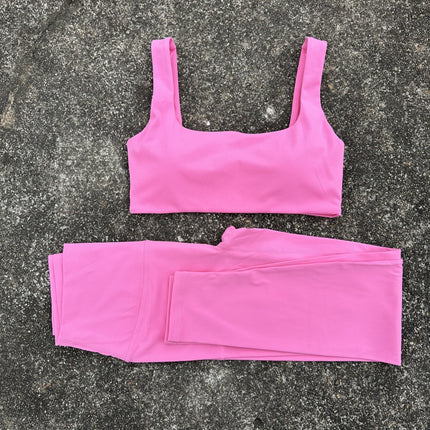 Solid Color Women's Yoga Set with Square Neck Hollow-Out Beautiful Back Sports Bra + High-Waisted Naked-Feel Tight Yoga Fitness Pants