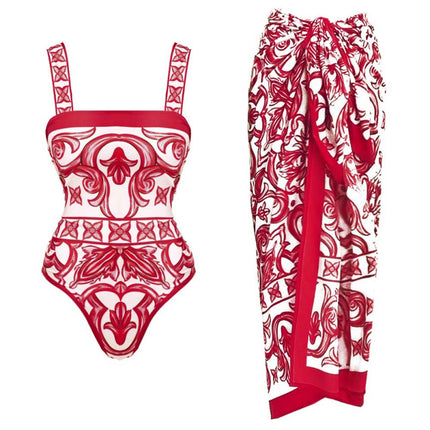 2024 European and American Swimwear New Ethnic Style Printed One-Piece Swimsuit Set for Women Cross-Border Hot Item 25242
