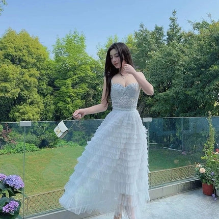 Socialite Sexy bling Lace Tube Top Beaded Sling Short Off-the-Waist Vest Tousled Long Skirt Cake Skirt suit