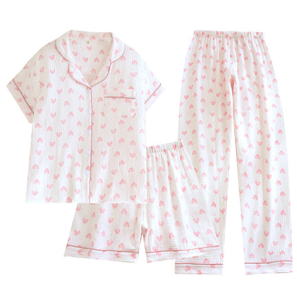Various Style Spring and Summer Cotton Crepe Pajamas Sweet Three-Piece Short-Sleeved Trousers Spring and Autumn Loose Casual suit