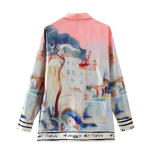 Lapel Long-Sleeved Elastic Waist Cross-Border Summer Women's New Spring Printed Shirt Buttons High-Waisted Shorts Positioning