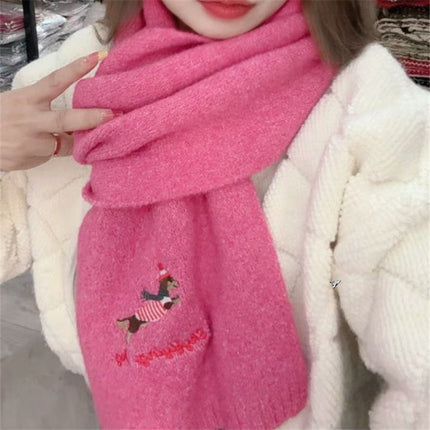 Autumn and Winter Warm Scarf for Women Japanese Style Cute Puppy Embroider Knitted Cold-Proof Fashion Versatile High-End Scarf for Students