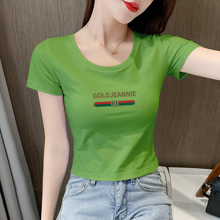 White T-Shirt Women's Short-Sleeved Round Neck Exposed Navel High-Waisted Short Summer Tight-Fitting Crop Top 2025 New T-Shirt