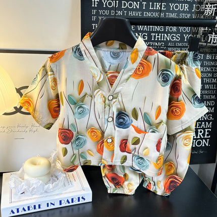 Children's Home Clothes Cotton Silk Suit Summer Boys and Girls Pajamas Artificial Cotton Two-Piece Set Cotton Silk Air-Conditioned Clothes Kidsren's Clothing