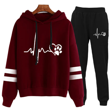 Cross-border foreign trade Europe and the United States electrocardiogram love dog feet printed parallel bars hooded hooded sweater pants suit plus size
