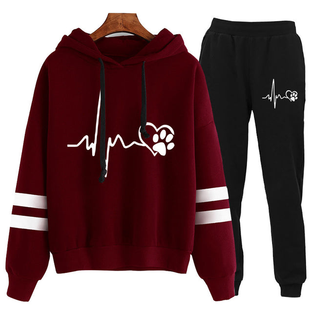 Cross-border foreign trade Europe and the United States electrocardiogram love dog feet printed parallel bars hooded hooded sweater pants suit plus size