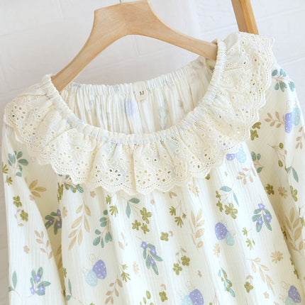 Spring and Autumn Cotton Double-layer Crepe Lace Collar Long-sleeve Pullover Printed Dress Summer Loose Thin Yarn Round Neck Home Clothes