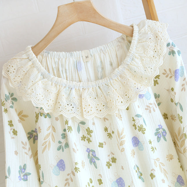 Spring and Autumn Cotton Double-layer Crepe Lace Collar Long-sleeve Pullover Printed Dress Summer Loose Thin Yarn Round Neck Home Clothes