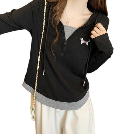 Real shot 2024 autumn new chubby girl plus size fake two dog embroidery hooded long sleeve T-shirt Joker top