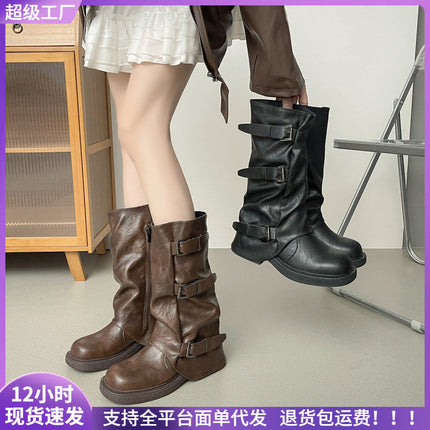 Genuine Leather Version ~ Retro Pleated Thick-Soled Short Boots for Women 2025 Autumn New Belt Buckle Boots Western Boots