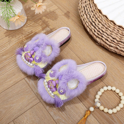 Tiger Head Shoes Women's Adult Spring and Summer Soft Sole Home Outfit Retro Purple Baotou Half Slippers Intangible Handmade Embroidered Shoes