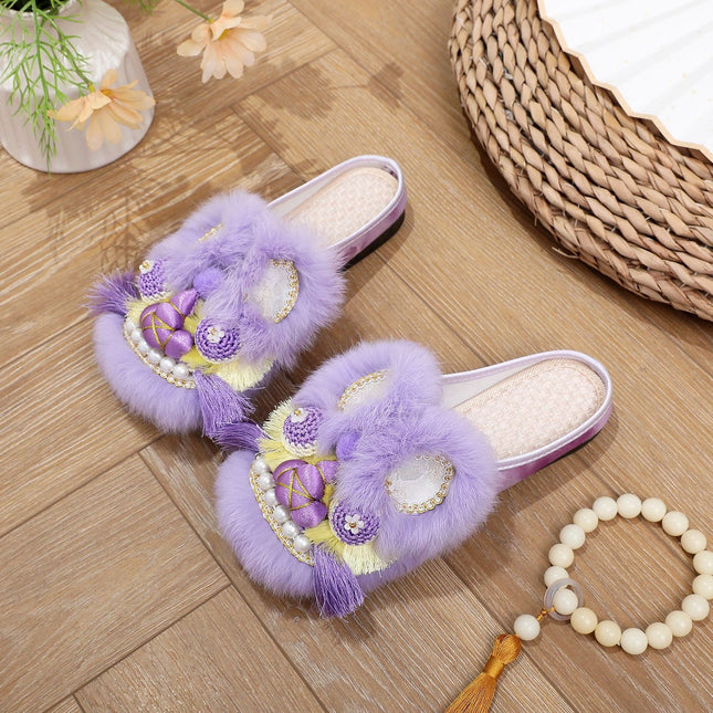 Tiger Head Shoes Women's Adult Spring and Summer Soft Sole Home Outfit Retro Purple Baotou Half Slippers Intangible Handmade Embroidered Shoes