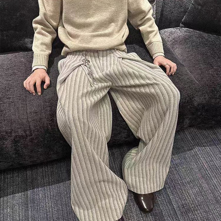 American-Style Lazy New Pleated Design Loose Wide-Leg Striped Casual Pants Versatile Floor-Length Pants