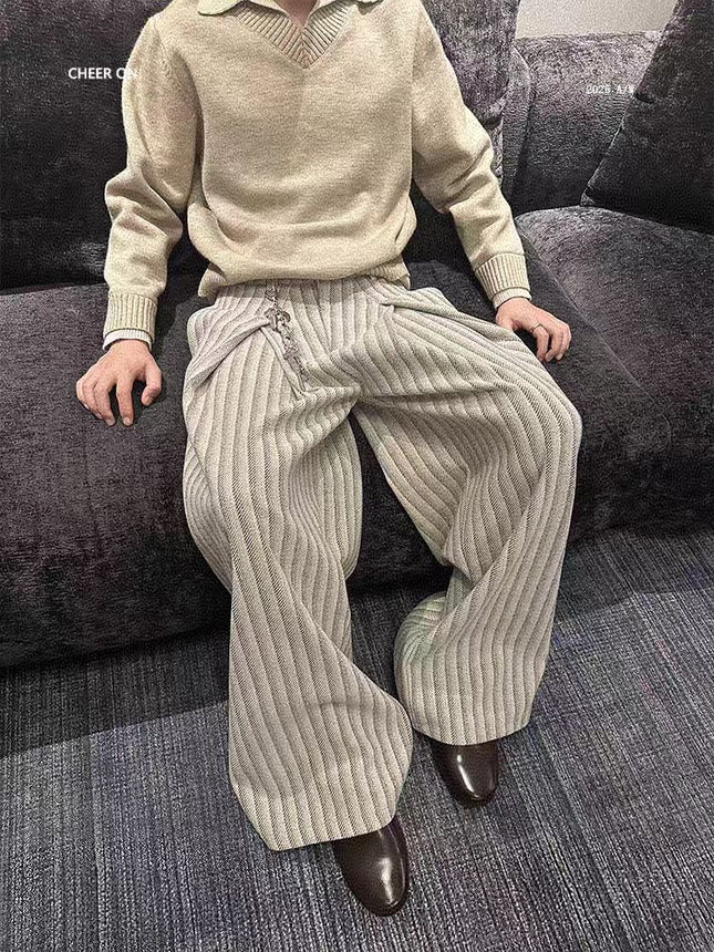 American-Style Lazy New Pleated Design Loose Wide-Leg Striped Casual Pants Versatile Floor-Length Pants