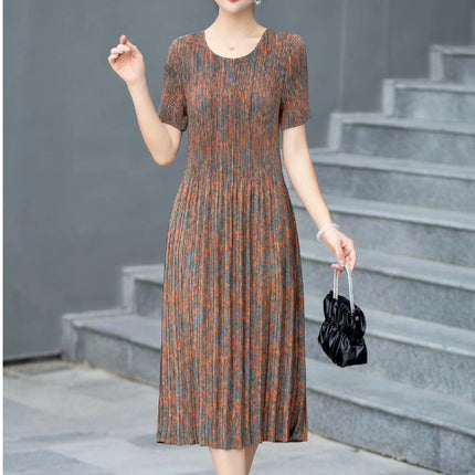 Miyake pleated 2025 summer new temperament round neck printed pleated skirt fashion waist thin magic dress