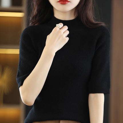 Spring and Autumn New Style Half Turtleneck Mid-Sleeve Bottoming Shirt Thin Knitwear Women's Loose Knitted Knitwear Short-Sleeved Three-Quarter Sleeve Top