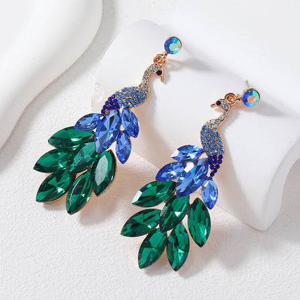 European and American Exquisite Fashion Crystal Ear Jewelry Retro Indian Exotic Ethnic Style Earrings with Diamond Green Peacock Earrings