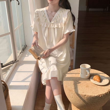 Oh Mi Da Summer New Sweet Court Princess Wind Clouds Cotton Mid-length Women's Short-sleeved dress Home Clothes