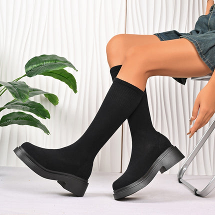 New Foreign Trade Spring and Autumn Elastic Slim Boots Mid-Calf Long Boots Women's Elastic Boots Chunky Heel Knit Sock Boots Slimming Versatile