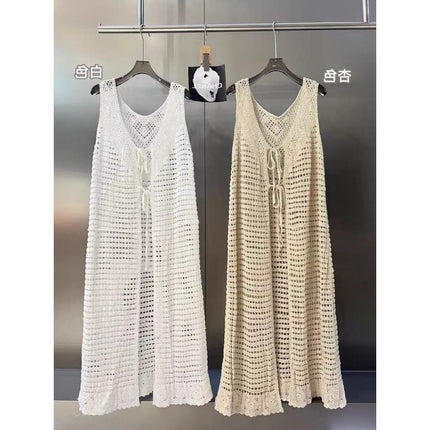 Green Lace Hollow-out Knitted Sleeveless Vesset Dress Women's Striped Cardigan dress Outer Layover Blouse Mid-length