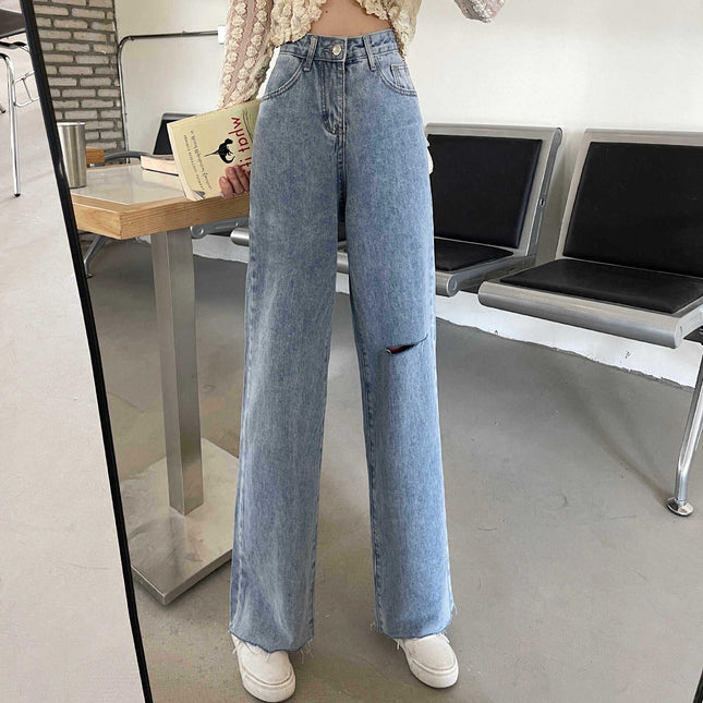 2024 Summer Hong Kong style chic ripped Denim wide-leg pants women's fashionable loose straight slimming draping mop pants