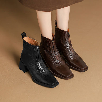 Spring and Autumn Single Boots 2024 Autumn New Women's Boots Thick Heel High Heel Fashion Boots Retro Square Head Front Zipper Ankle Boots
