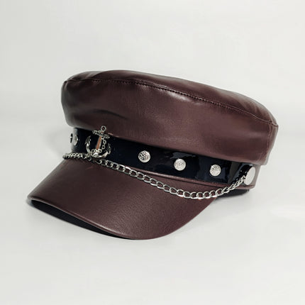 Korean Fashion Versatile Leather Pirate Ship Chain Navy Cap British Style Octagonal Cap Large Head Circumference Face-Slimming Duckbill Cap