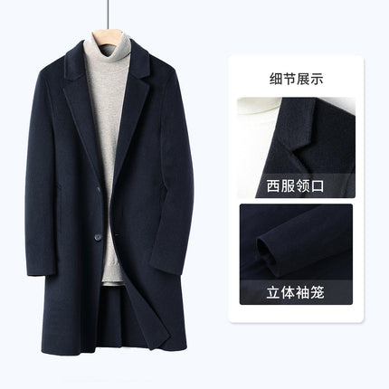 Woolen Outwear Men's Autumn and Winter Mid-Length Navy Blue Professional Formal Single-Breasted Wool Outwear Woolen Outwear