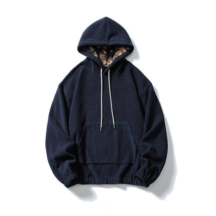 Black Fleet American Casual Style Unisex Versatile Hooded Warm Top Couple Style Hiking Fleece Solid Color Sweatshirt