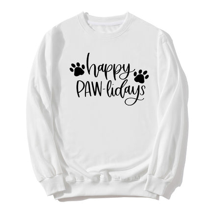 in stock Foreign Trade Cross-border Dog Feet Happy Pawlidays Printed Crewneck Sweat European and American Autumn and Winter Men's and Women's Top