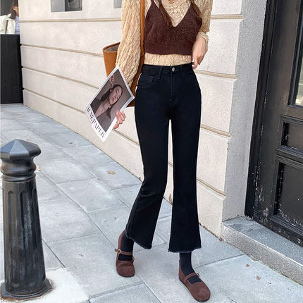 Black Fur Edge Micro-flare Jeans Women's Trendy All-match New High Waist Slimming Slim-fit Hip-lift Horseshoe Long Pants